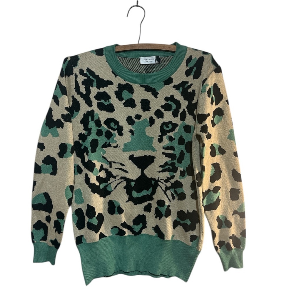 Jon & Anna Green and Cream Leopard Cat Face Crewneck Sweater